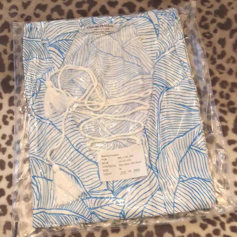 Charlie Holiday The Coco Cover Up Hooded Tropical Banana Leaf Blue Medium - Picture 6 of 14